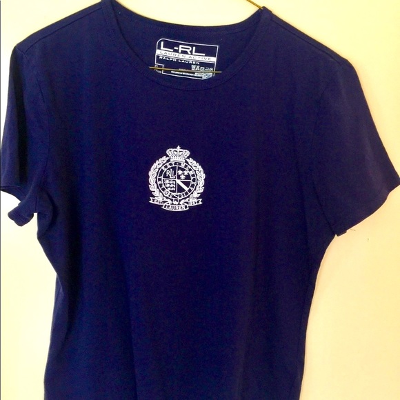 Ralph Lauren woman top navy blue cotton Crew neck white logo crest half sleeve L - Picture 4 of 11